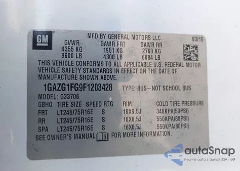 2015 Chevrolet Express G3500 Lt from USA, damaged, VIN 1GAZG1FG9F1203428